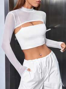 SHEIN PETITE 素色超短版網紗上衣不附吊帶上衣 - 白色 - 查看 5