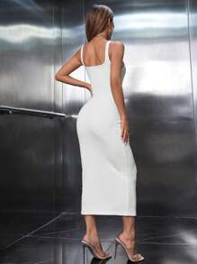 SHEIN PETITE 素色條紋針織背心連衣裙 - 白色 - 查看 2