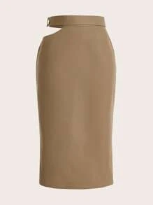 SHEINNeu Cut Out Waist Split Back Skirt - Khaki - View 1