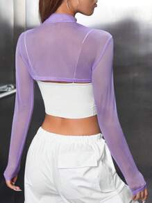 SHEIN PETITE Solid Super Crop Mesh Top Without Cami Top - Lilac Purple - View 2