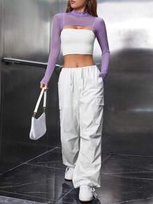 SHEIN PETITE Solid Super Crop Mesh Top Without Cami Top - Lilac Purple - View 3