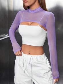 SHEIN PETITE Solid Super Crop Mesh Top Without Cami Top - Lilac Purple - View 4