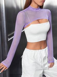 SHEIN PETITE Solid Super Crop Mesh Top Without Cami Top - Lilac Purple - View 5