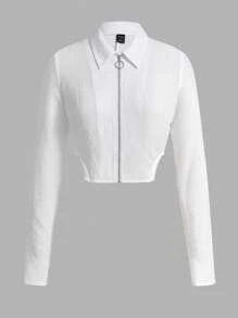 SHEINNeu 拉鏈開襟短款襯衫 - 白色 - 查看 1