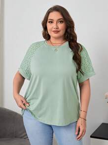 SHEIN Essnce Plus Eyelet Embroidery Raglan Sleeve Tee - Mint Green - View 1