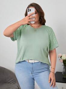 SHEIN Essnce Plus Eyelet Embroidery Raglan Sleeve Tee - Mint Green - View 3