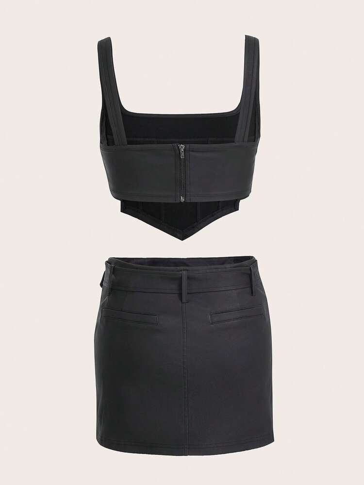 Asymmetrical Hem PU Leather Tank Top & Belted Skirt
