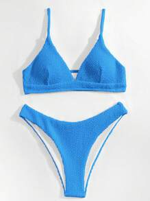 Swim Basics Summer Beach Solid Bikini Set - Blue - View 4