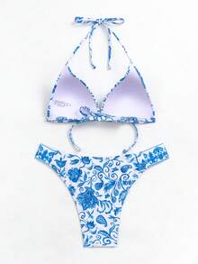 Floral Print Halter Triangle Bikini Set - Blue and White - View 4