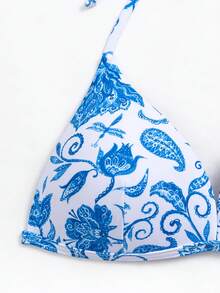 Floral Print Halter Triangle Bikini Set - Blue and White - View 5