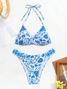 Floral Print Halter Triangle Bikini Set - Blue and White - View 6