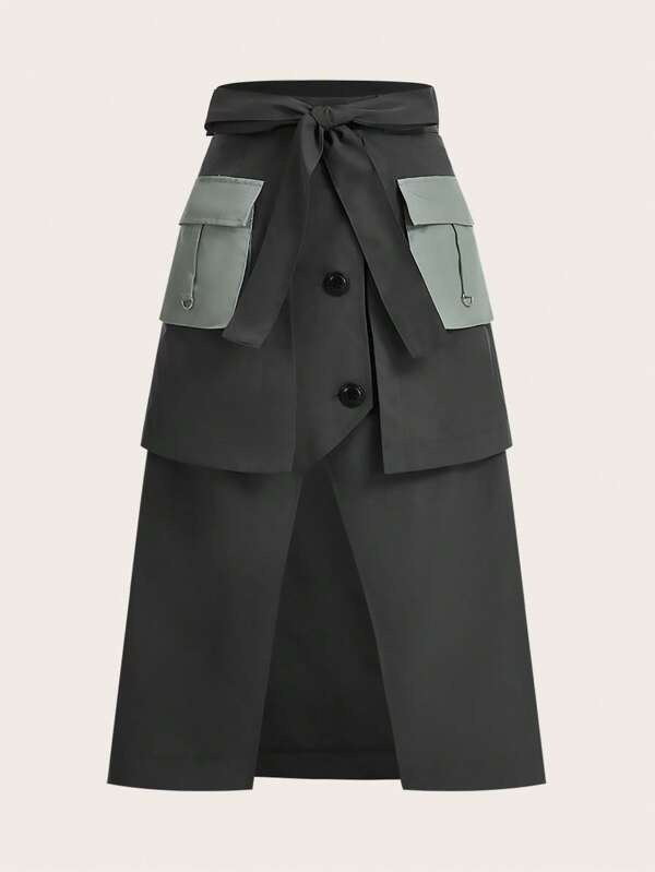SHEINNeu Flap Pocket Button Front Belted Cargo Skirt