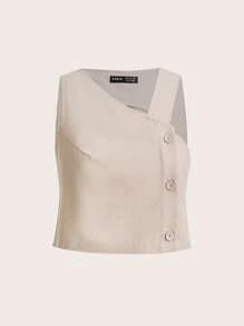 SHEINNeu 素色前紐扣不對稱領短款襯衫 - 米色 - 查看 1