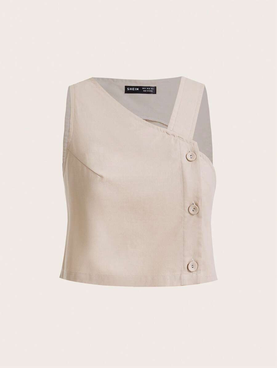 SHEINNeu 素色前紐扣不對稱領短款襯衫 - 米色 - 查看 1