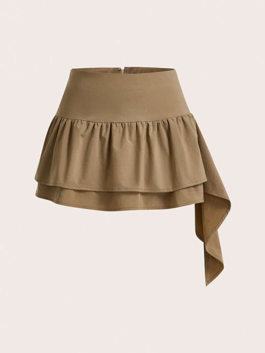 SHEINNeu 素色後拉鍊垂墜多層荷葉邊半身裙 - 駝色 - 查看 1