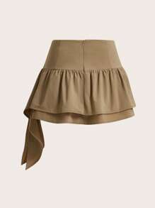 SHEINNeu 素色後拉鍊垂墜多層荷葉邊半身裙 - 駝色 - 查看 2