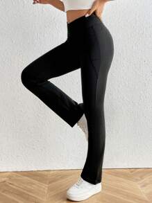 SHEIN PETITE Solid Phone Pocket Flare Leg Pants