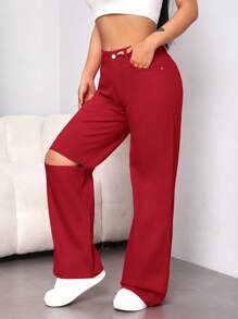 SHEIN EZwear Jeans mit geradem Beinschnitt, hoher Taille, Riss, - Rot - Übersicht 3