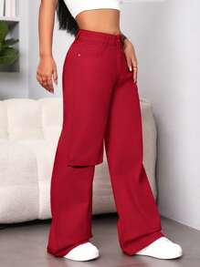 SHEIN EZwear Jeans mit geradem Beinschnitt, hoher Taille, Riss, - Rot - Übersicht 4