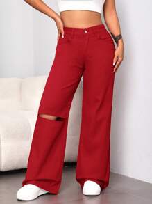 SHEIN EZwear Jeans mit geradem Beinschnitt, hoher Taille, Riss, - Rot - Übersicht 2