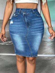 SHEIN SXY Kiểu thềm Eo Rách Quần bó Váy Denim - Rửa trung bình - Xem 6