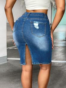 SHEIN SXY Kiểu thềm Eo Rách Quần bó Váy Denim - Rửa trung bình - Xem 2