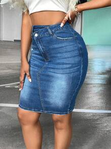 SHEIN SXY Kiểu thềm Eo Rách Quần bó Váy Denim - Rửa trung bình - Xem 3
