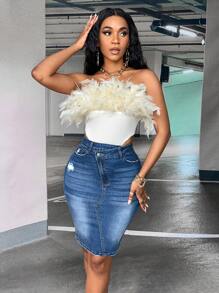 SHEIN SXY Kiểu thềm Eo Rách Quần bó Váy Denim - Rửa trung bình - Xem 5