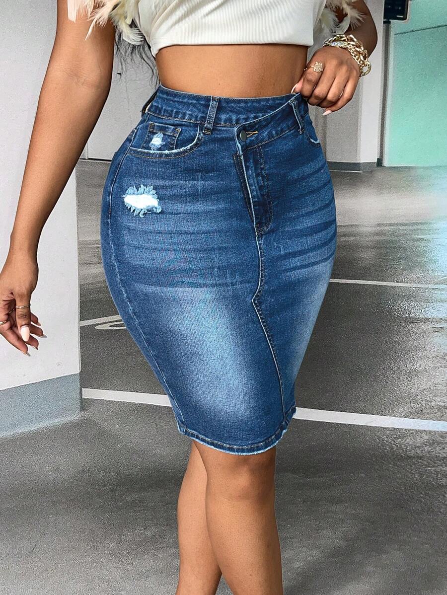 SHEIN SXY Kiểu thềm Eo Rách Quần bó Váy Denim - Rửa trung bình - Xem 1