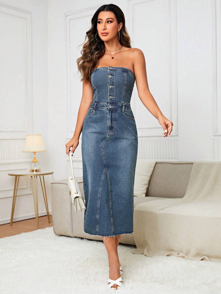 SHEIN Tall 前紐扣抹胸牛仔連衣裙 - 中等水洗藍 - 查看 1