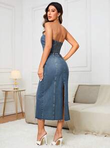 SHEIN Tall 前紐扣抹胸牛仔連衣裙 - 中等水洗藍 - 查看 2