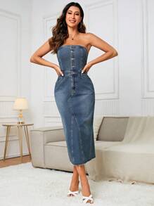 SHEIN Tall 前紐扣抹胸牛仔連衣裙 - 中等水洗藍 - 查看 4