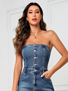 SHEIN Tall 前紐扣抹胸牛仔連衣裙 - 中等水洗藍 - 查看 5