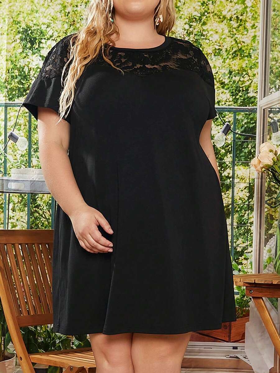 SHEIN CURVE+ Vestidos Tallas Grandes Encaje en contraste Liso Casual - Negro - Ver 1