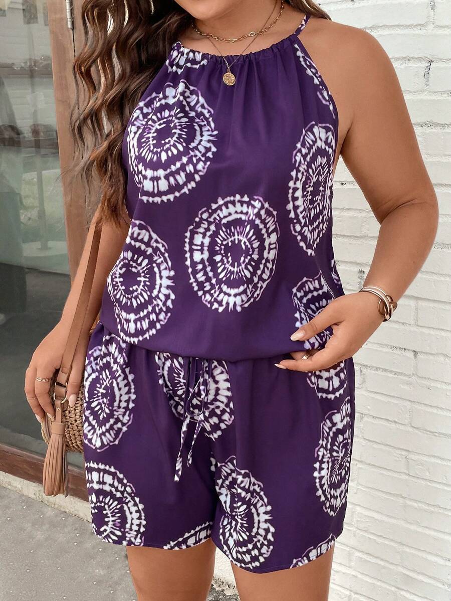 SHEIN LUNE 大碼圖案印花掛脖上衣和短褲 - 紫色 - 查看 1