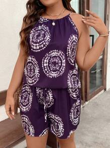 SHEIN LUNE 大碼圖案印花掛脖上衣和短褲 - 紫色 - 查看 3