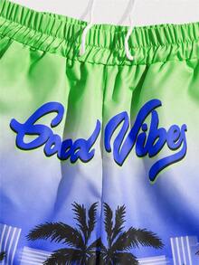 ROMWE MEN Street Life 男士椰樹&字母圖形束腰短褲 - 彩色 - 查看 3