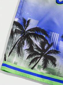 ROMWE MEN Street Life 男士椰樹&字母圖形束腰短褲 - 彩色 - 查看 4