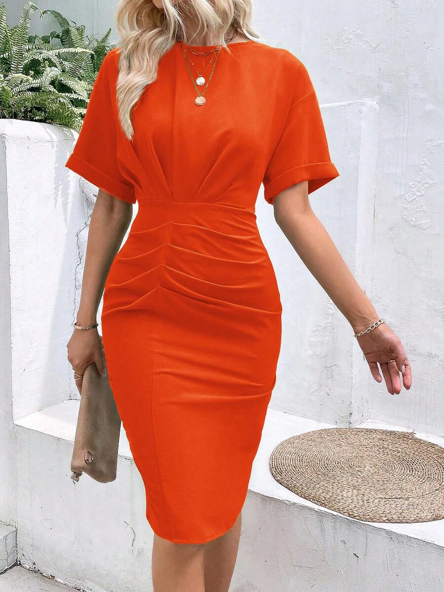 SHEIN Clasi Solid Ruched Drop Shoulder Bodycon Dress - Orange - View 1