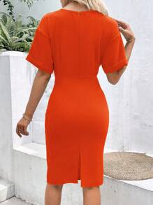 SHEIN Clasi Solid Ruched Drop Shoulder Bodycon Dress - Orange - View 2