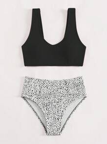 斑點印花高腰比基尼泳裝 - 黑色 - 查看 4
