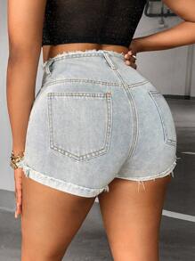 SHEIN SXY Roll Up Hem Denim Shorts - Light Wash - View 2