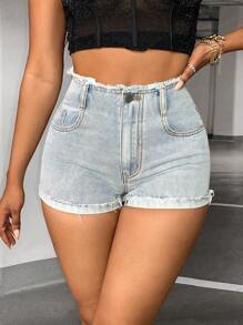 SHEIN SXY Roll Up Hem Denim Shorts - Light Wash - View 1