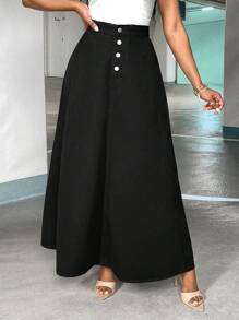 SHEIN SXY 高腰紐扣門襟喇叭下擺牛仔半身裙 - 黑色 - 查看 2