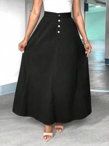 SHEIN SXY 高腰紐扣門襟喇叭下擺牛仔半身裙 - 黑色 - 查看 5