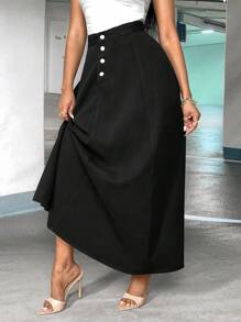 SHEIN SXY 高腰紐扣門襟喇叭下擺牛仔半身裙 - 黑色 - 查看 7