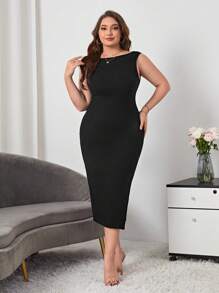 SHEIN Essnce Plus Split Thigh Tank Dress - Black - View 1