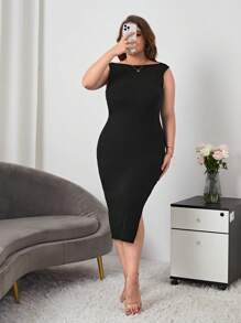 SHEIN Essnce Plus Split Thigh Tank Dress - Black - View 4