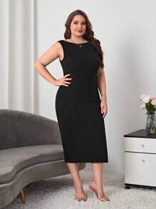 SHEIN Essnce Plus Split Thigh Tank Dress - Black - View 5