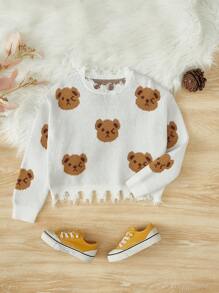SHEIN 女大童熊圖案仿舊邊落肩袖套頭毛衣 - 白色 - 查看 1